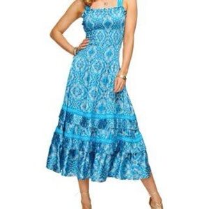 Ramy Brook Sia Printed Ruffle Smocked Tiered Midi Dress Aqua Blue Size S